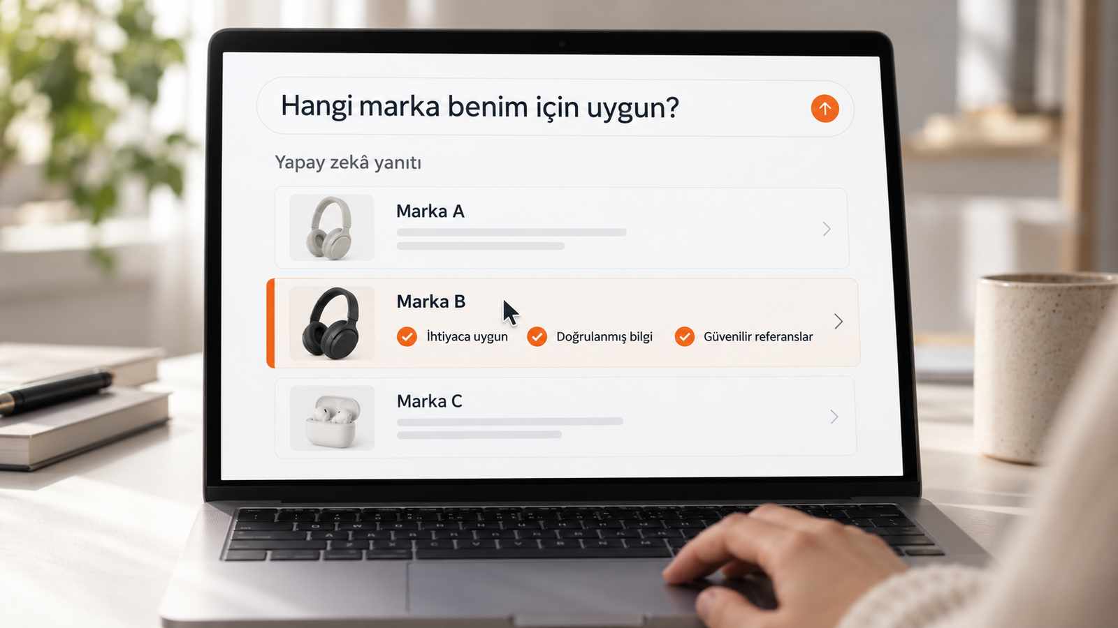 Yapay zekâ yanıtında markaları karşılaştırarak ihtiyaca uygun ve güvenilir markayı seçen kullanıcı